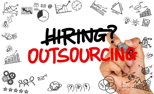 hiring or outsourcing concept handwritten on whiteboard